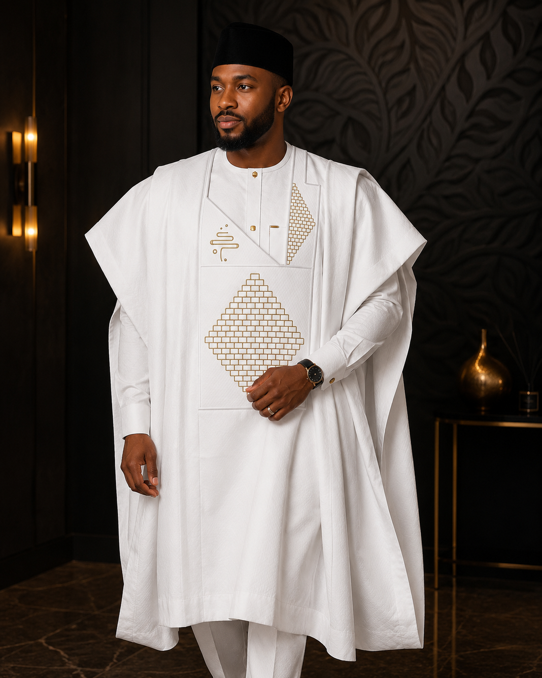 KingWales Imperial White Luxury Agbada for Men – Premium Hand-Embroidered Nigerian Traditional Attire with Gold Embroidery