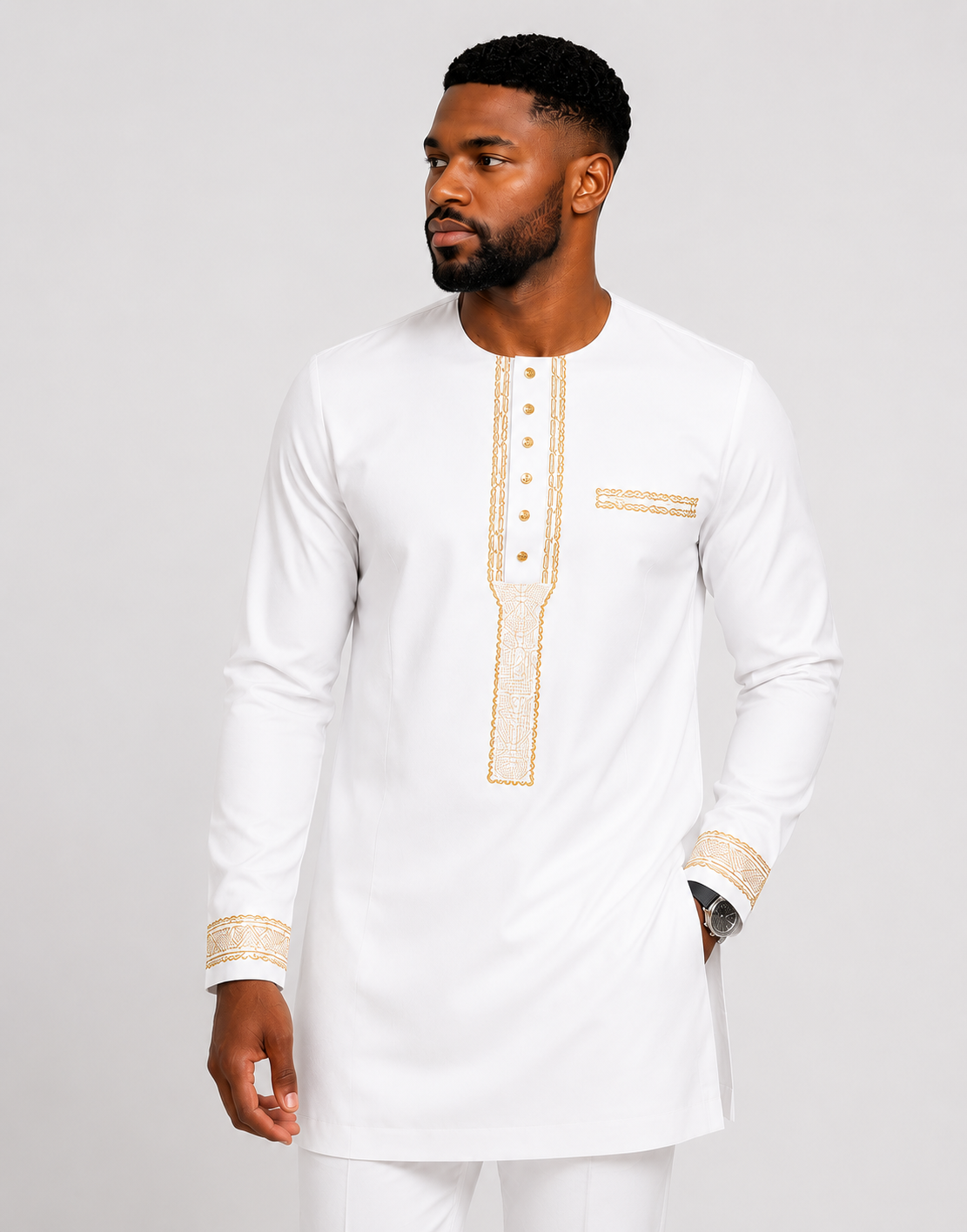 Luxury White Senator Kaftan for Men | Premium African Traditional Wear | King Wales