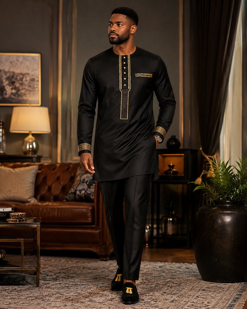 Luxury Black Senator Kaftan for Men | Premium African Traditional Wear | King Wales