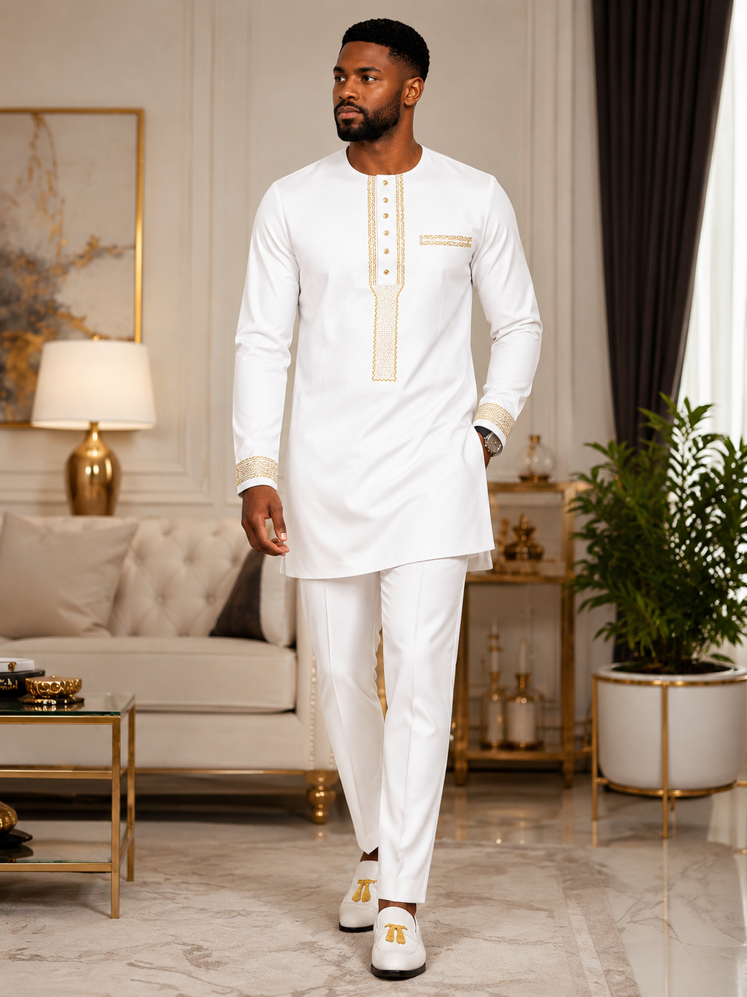 Luxury White Senator Kaftan for Men | Premium African Traditional Wear | King Wales