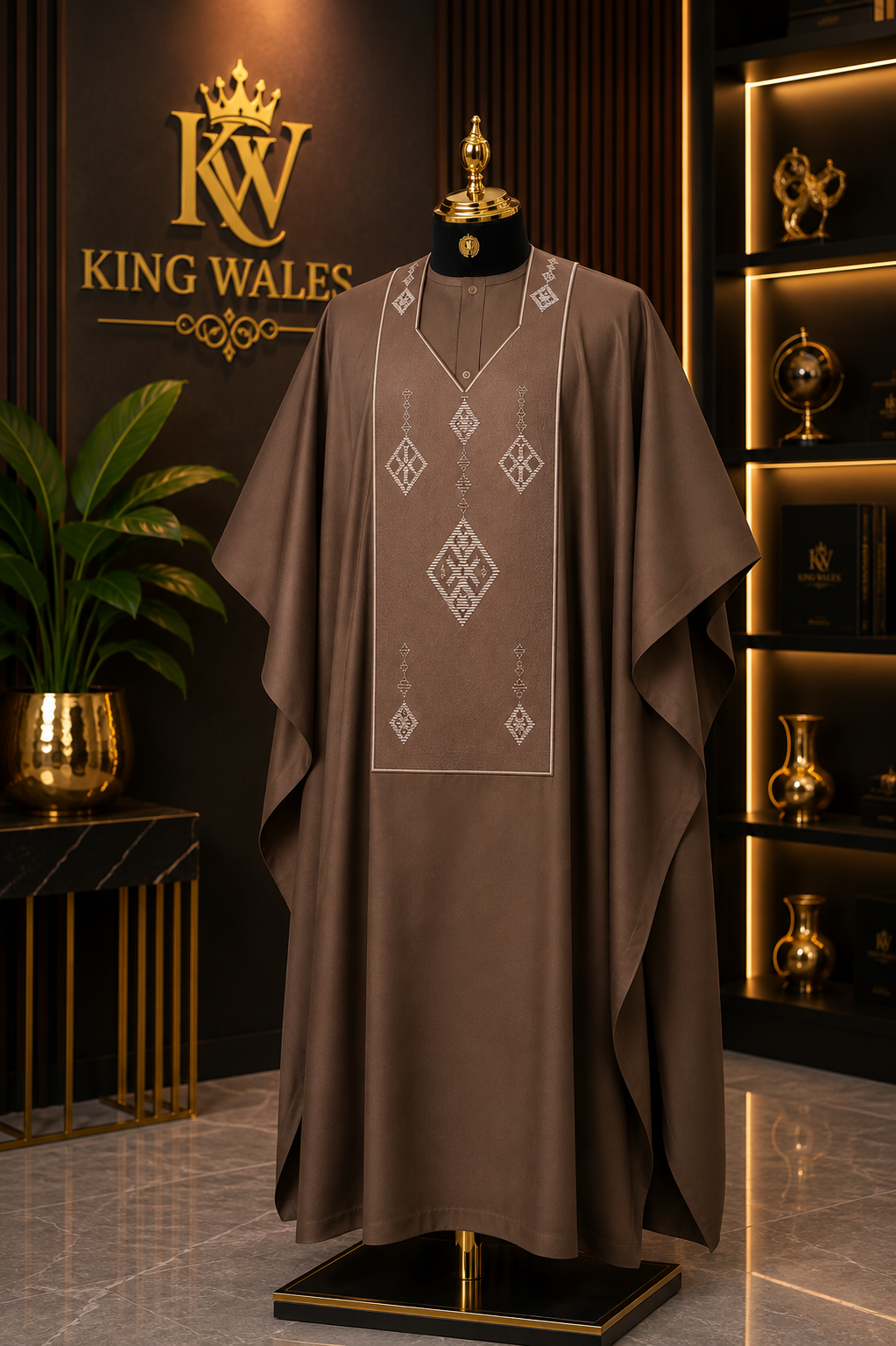 King Wales Chocolate Brown Luxury Embroidered Agbada for Men – Premium Nigerian Traditional Wedding Outfit with Geometric Embroidery