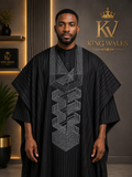 King Wales Luxury Black Pinstripe Embroidered Agbada for Men – Premium Nigerian Traditional Outfit with Geometric Handcrafted Embroidery
