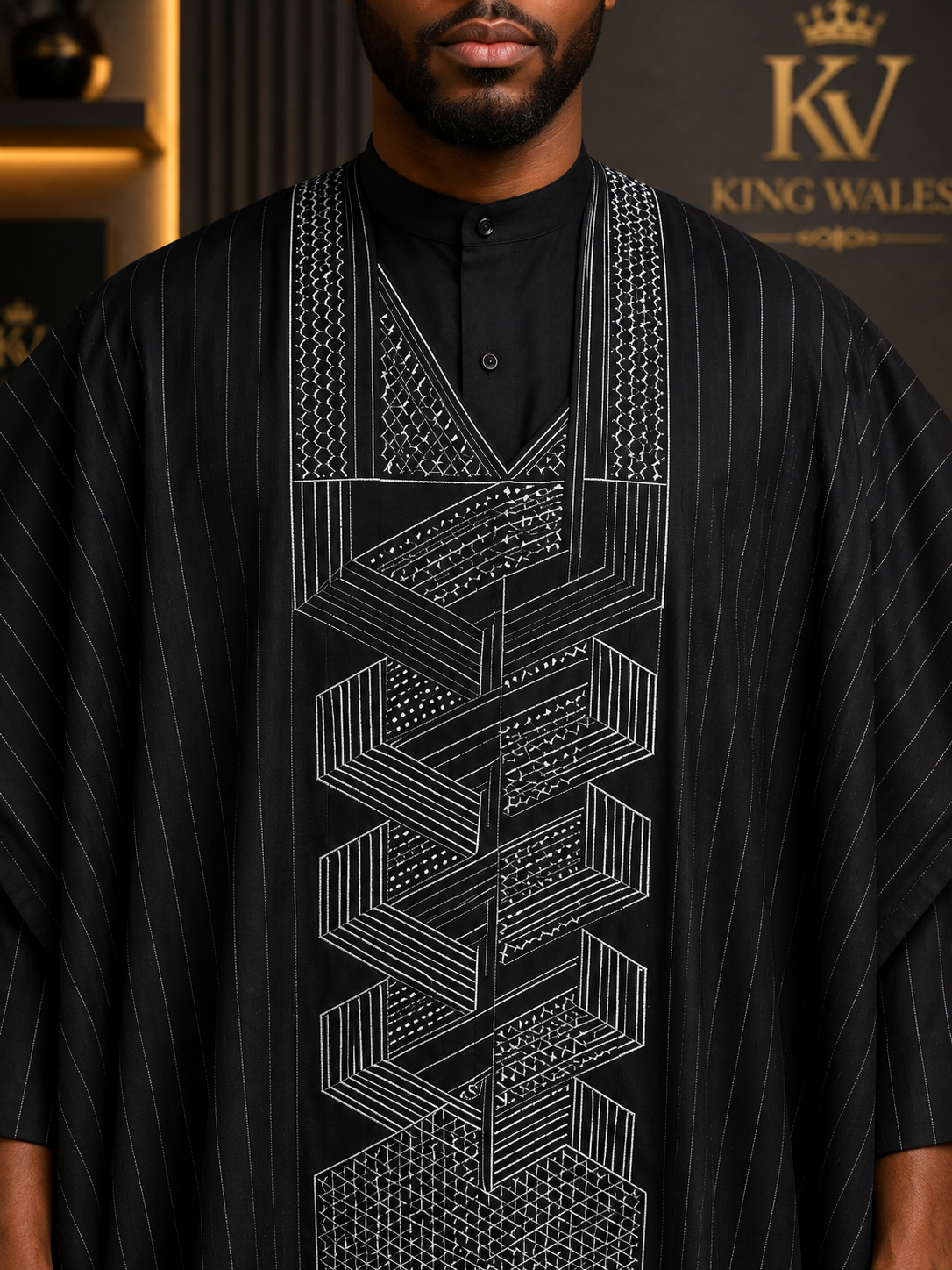 King Wales Luxury Black Pinstripe Embroidered Agbada for Men – Premium Nigerian Traditional Outfit with Geometric Handcrafted Embroidery