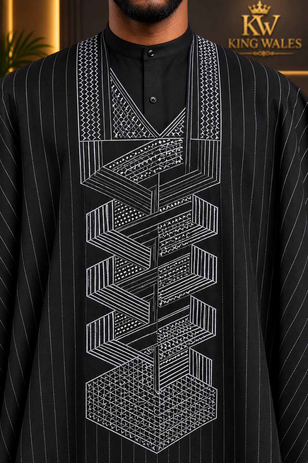 King Wales Luxury Black Pinstripe Embroidered Agbada for Men – Premium Nigerian Traditional Outfit with Geometric Handcrafted Embroidery
