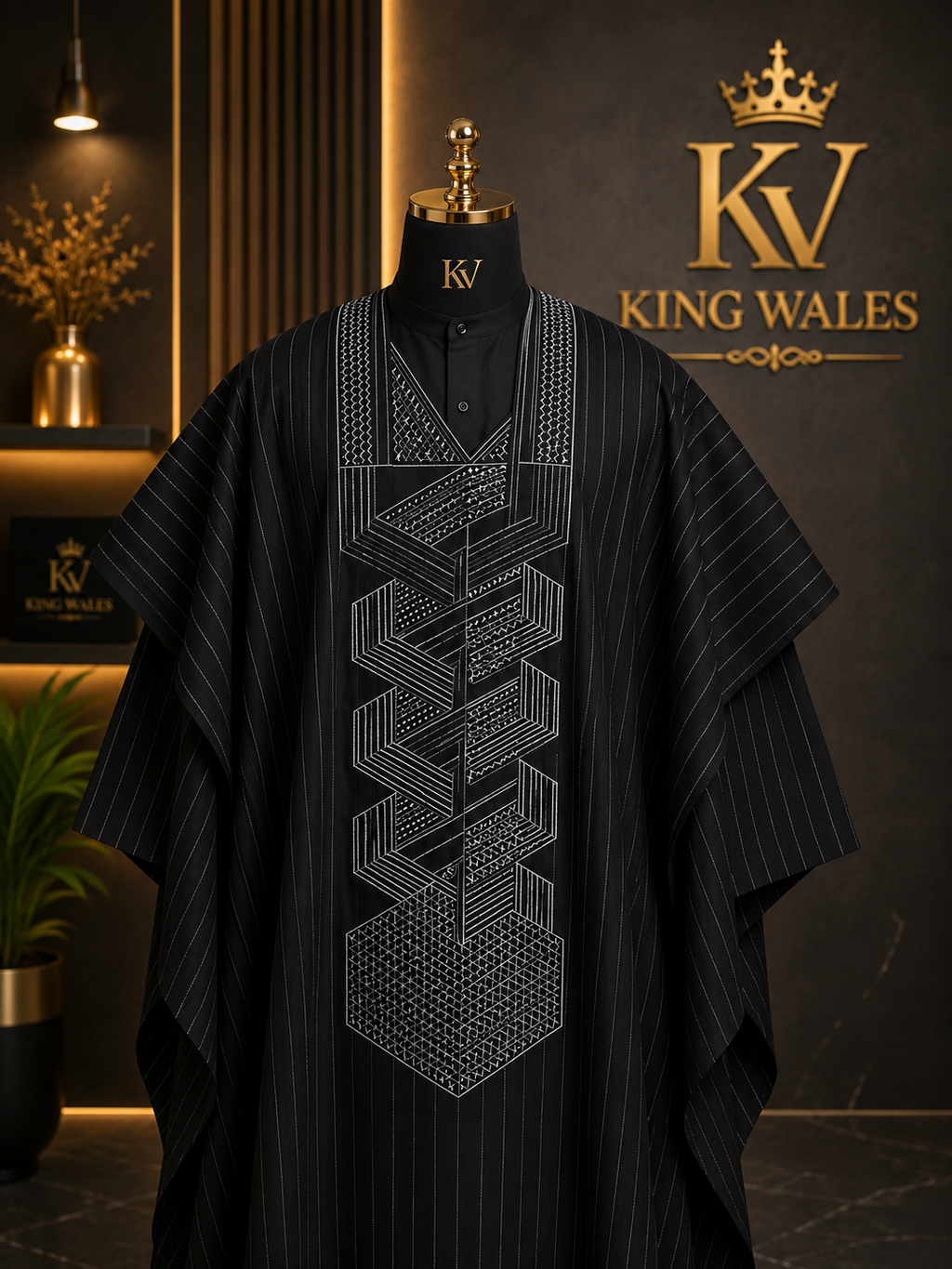 King Wales Luxury Black Pinstripe Embroidered Agbada for Men – Premium Nigerian Traditional Outfit with Geometric Handcrafted Embroidery