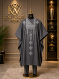 King Wales Luxury Charcoal Grey Embroidered Agbada for Men – Premium Nigerian Traditional Wedding Outfit with Handcrafted Geometric Embroidery