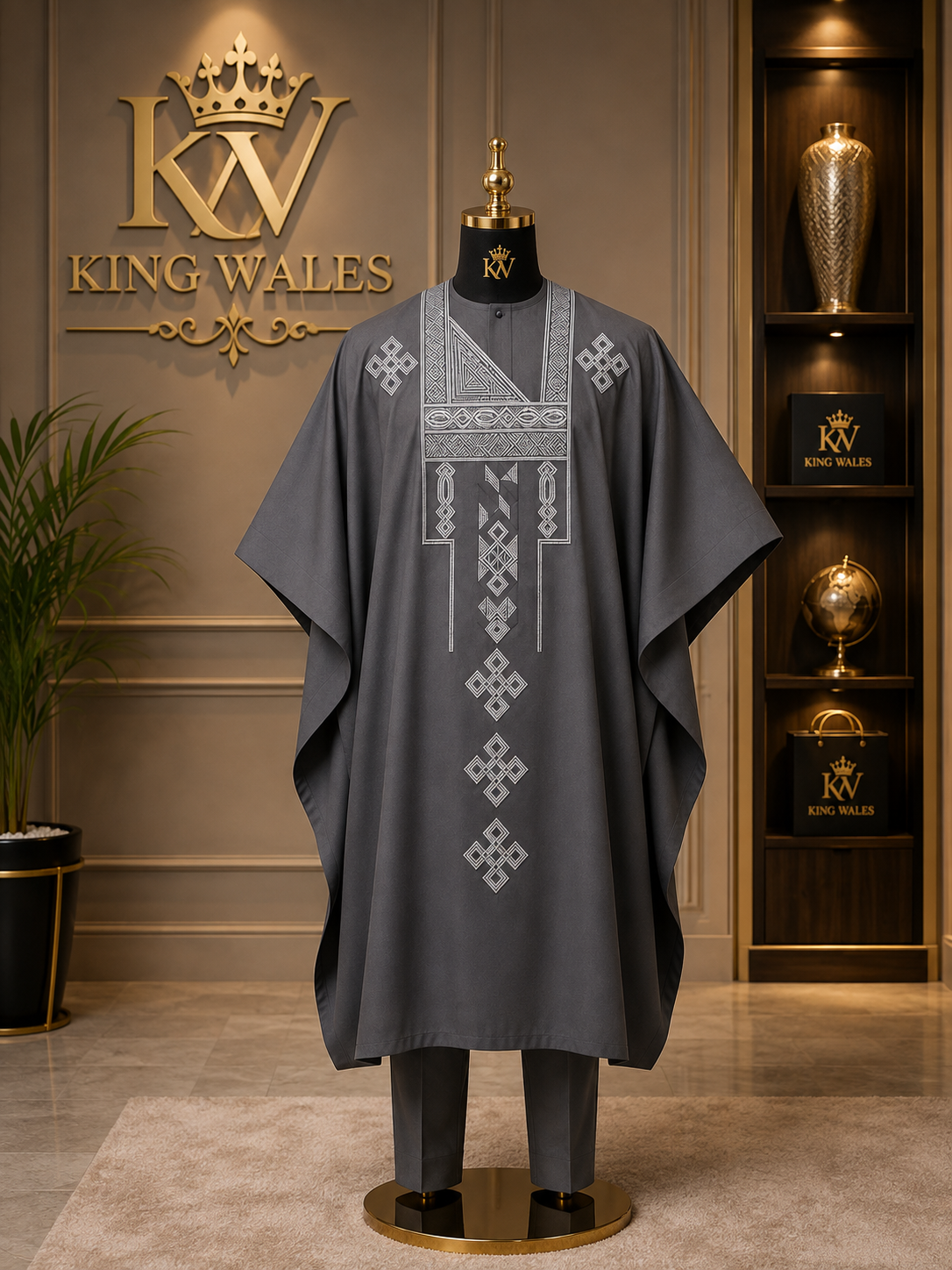 King Wales Luxury Charcoal Grey Embroidered Agbada for Men – Premium Nigerian Traditional Wedding Outfit with Handcrafted Geometric Embroidery