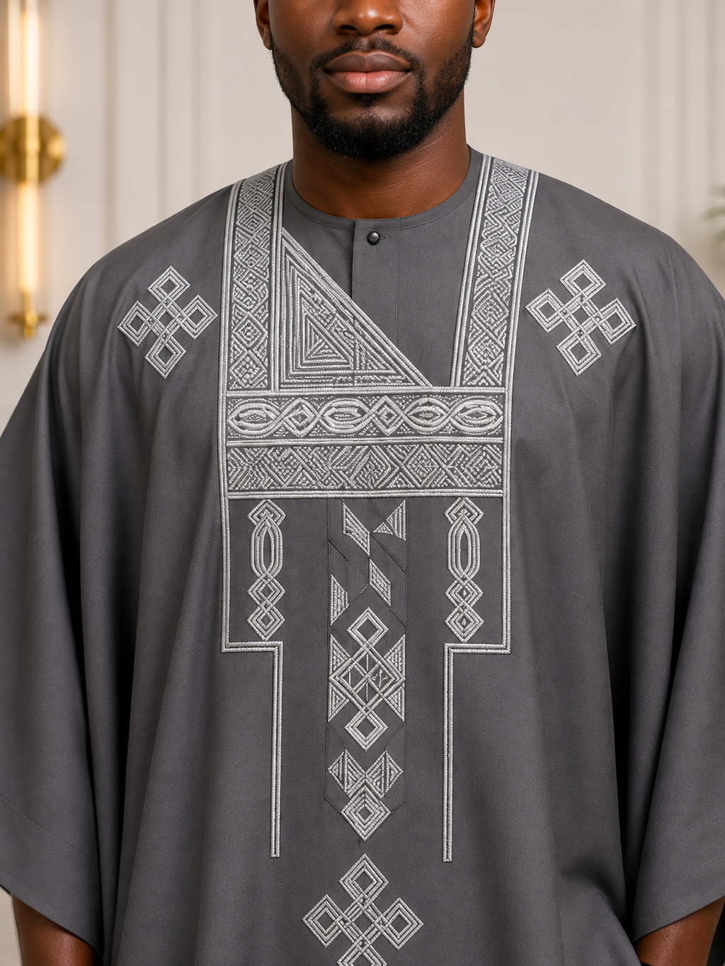 King Wales Luxury Charcoal Grey Embroidered Agbada for Men – Premium Nigerian Traditional Wedding Outfit with Handcrafted Geometric Embroidery