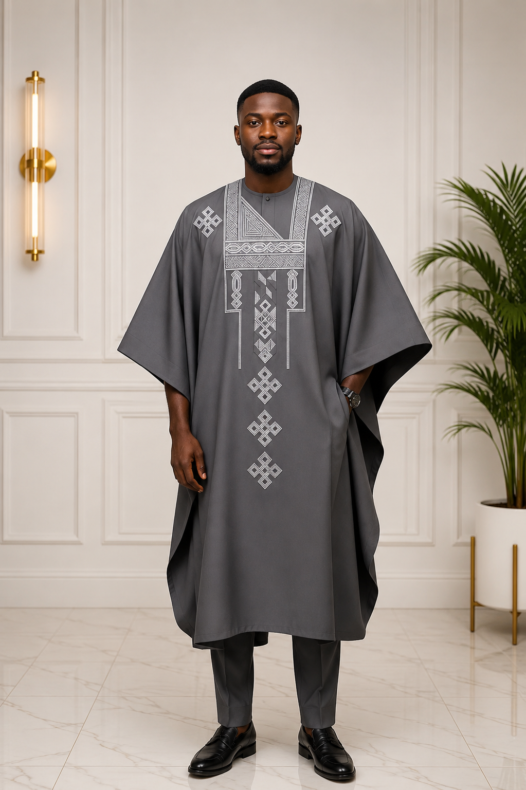 King Wales Luxury Charcoal Grey Embroidered Agbada for Men – Premium Nigerian Traditional Wedding Outfit with Handcrafted Geometric Embroidery