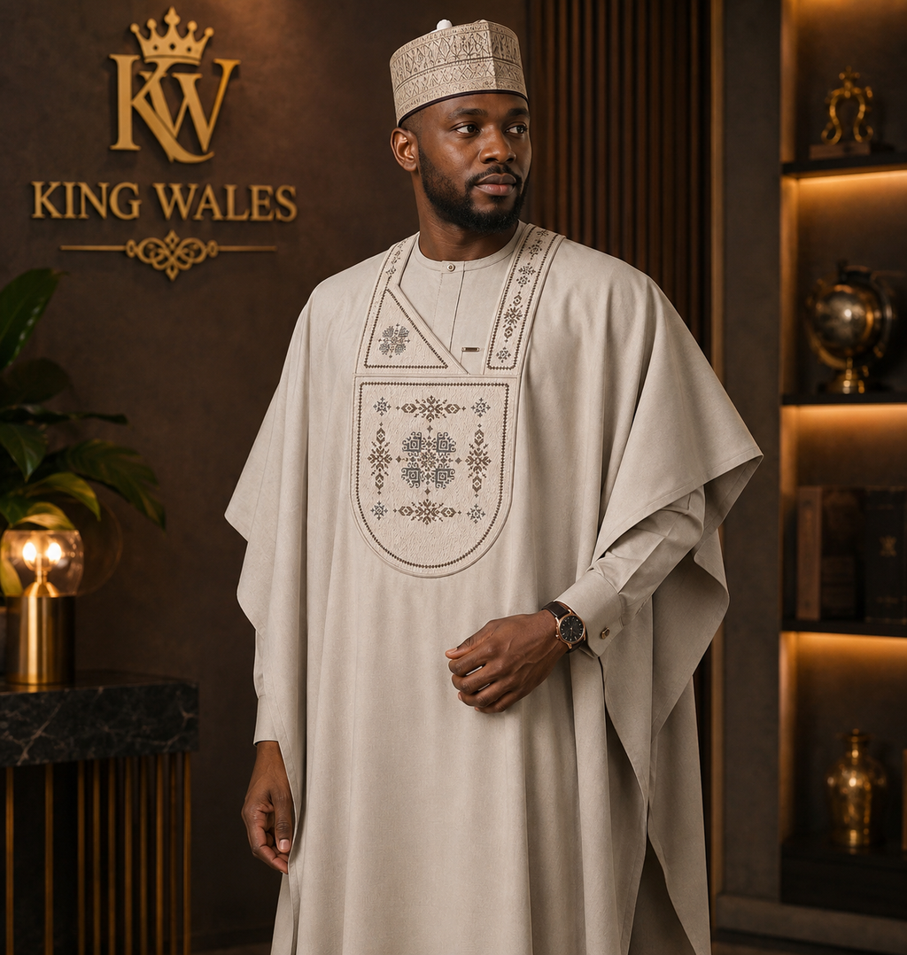 King Wales Luxury Cream Embroidered Agbada for Men – Premium Nigerian Traditional Wedding Outfit with Handcrafted Geometric Embroidery