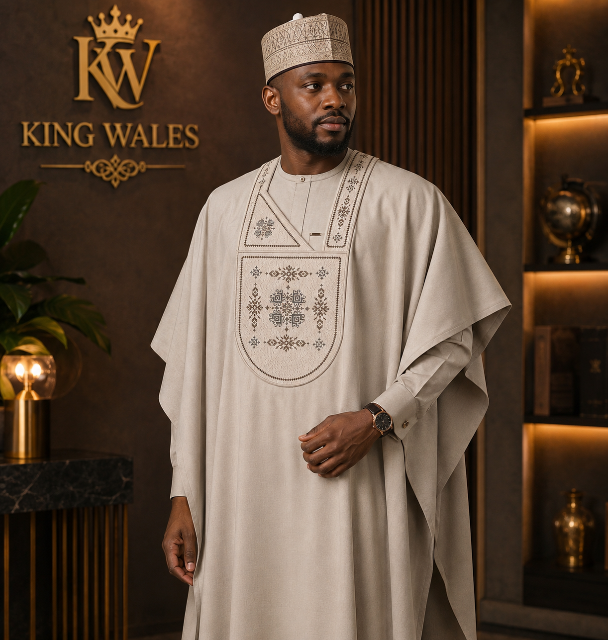 King Wales Luxury Cream Embroidered Agbada for Men – Premium Nigerian Traditional Wedding Outfit with Handcrafted Geometric Embroidery