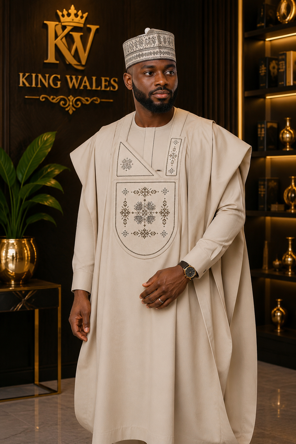 King Wales Luxury Cream Embroidered Agbada for Men – Premium Nigerian Traditional Wedding Outfit with Handcrafted Geometric Embroidery