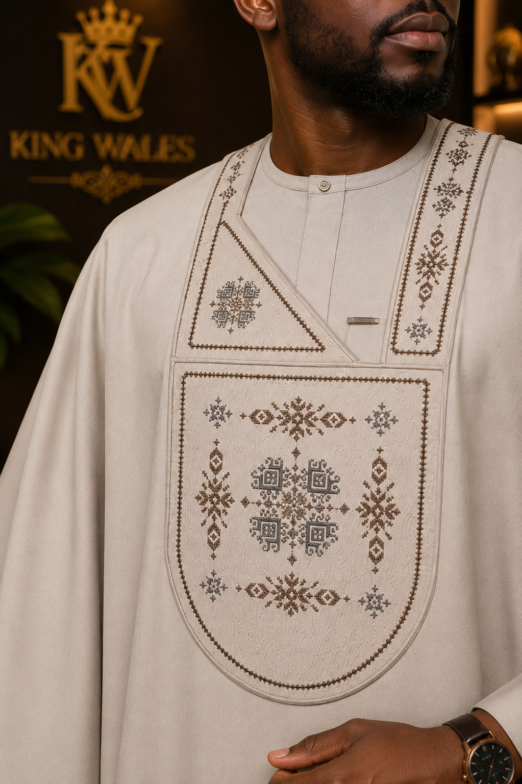 King Wales Luxury Cream Embroidered Agbada for Men – Premium Nigerian Traditional Wedding Outfit with Handcrafted Geometric Embroidery