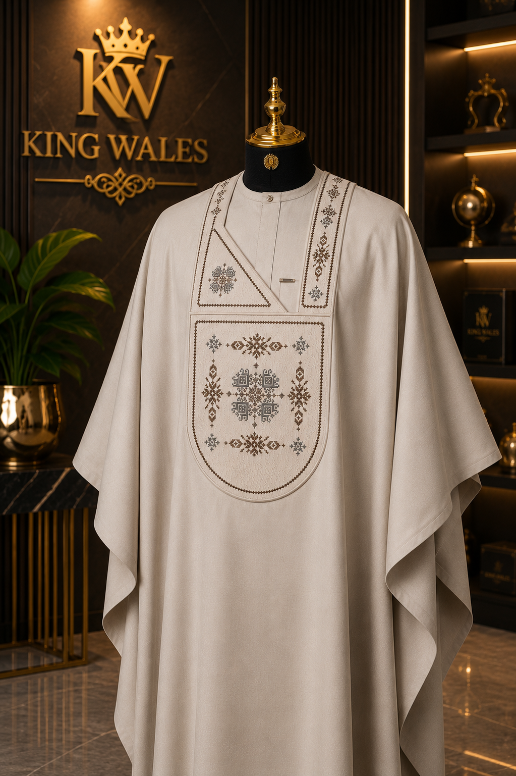 King Wales Luxury Cream Embroidered Agbada for Men – Premium Nigerian Traditional Wedding Outfit with Handcrafted Geometric Embroidery