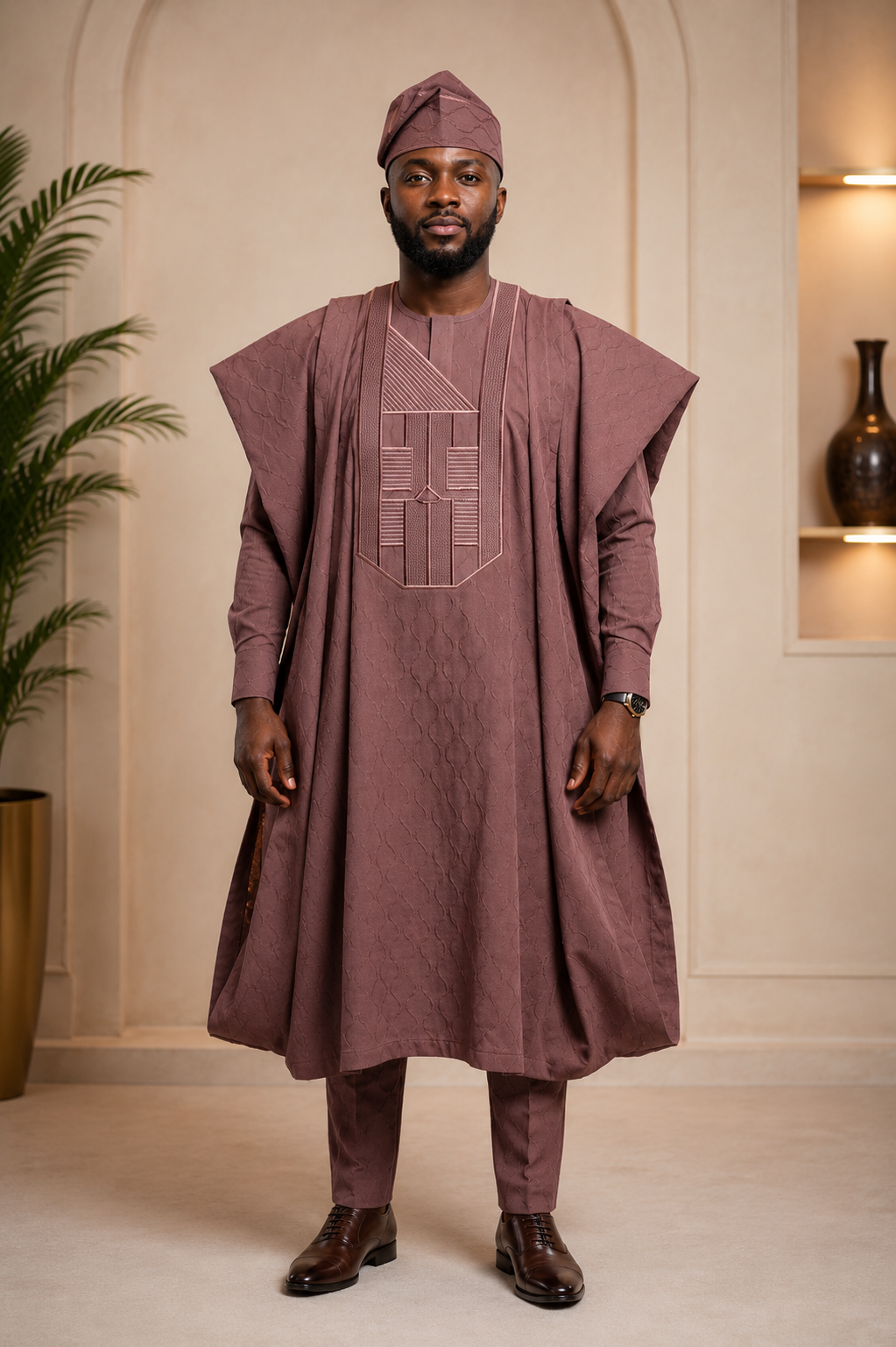 King Wales Luxury Dusty Rose Embroidered Agbada for Men – Premium Nigerian Traditional Wedding Outfit with Geometric Panel Design