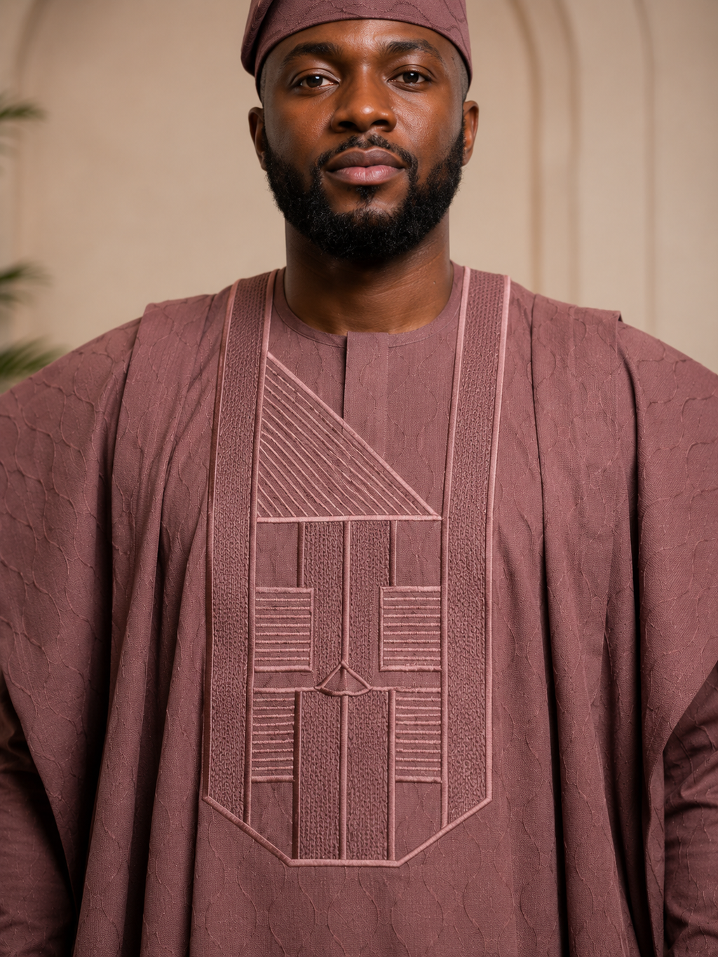 King Wales Luxury Dusty Rose Embroidered Agbada for Men – Premium Nigerian Traditional Wedding Outfit with Geometric Panel Design