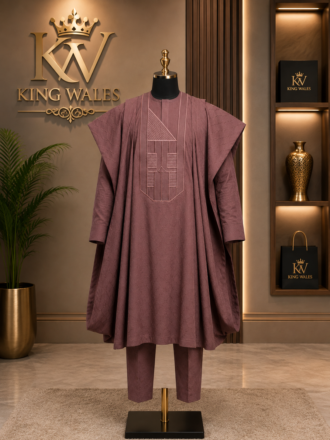 King Wales Luxury Dusty Rose Embroidered Agbada for Men – Premium Nigerian Traditional Wedding Outfit with Geometric Panel Design
