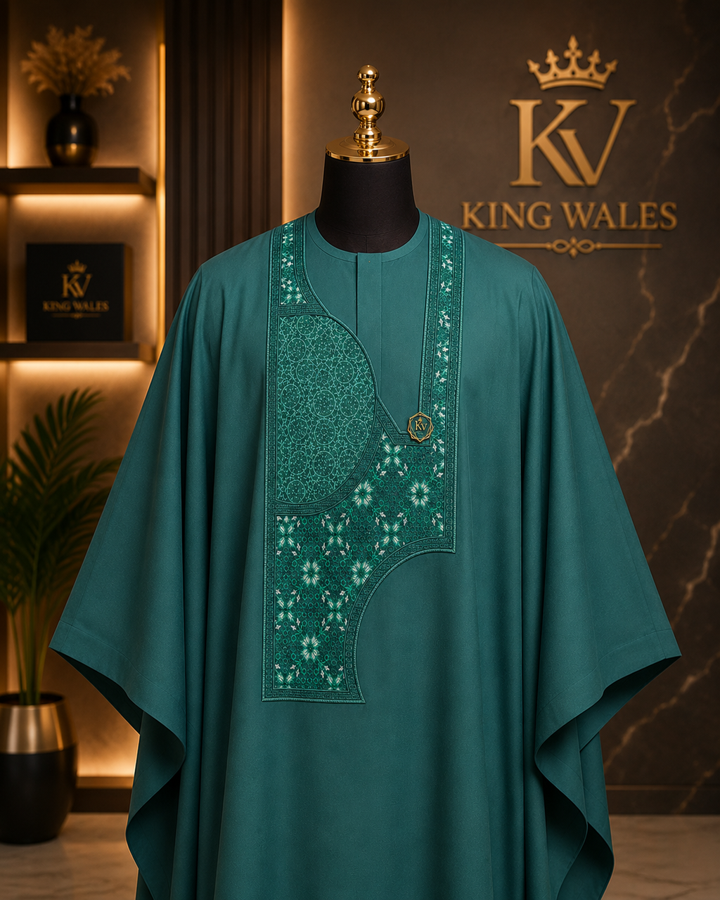 King Wales Luxury Emerald Green Embroidered Agbada for Men – Premium Nigerian Traditional Wedding Outfit with Handcrafted Geometric Embroidery