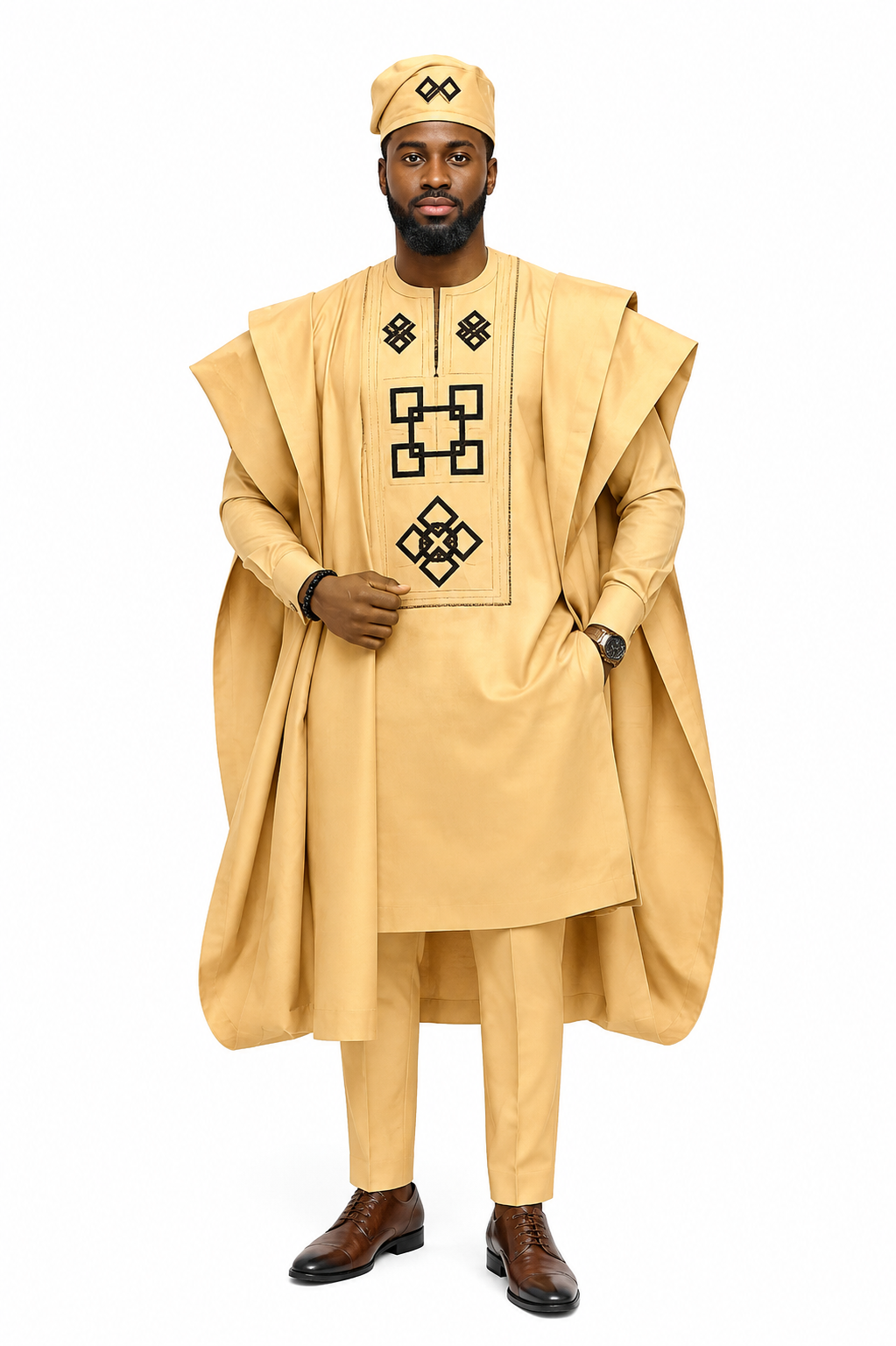King Wales Luxury Gold Embroidered Agbada for Men – Premium Nigerian Traditional Wedding Outfit with Black Geometric Design