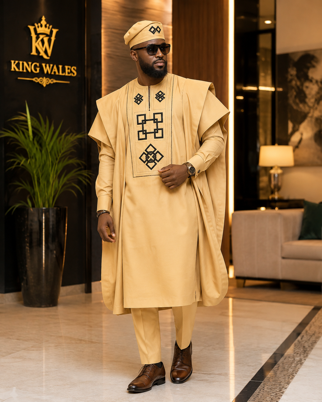 King Wales Luxury Gold Embroidered Agbada for Men – Premium Nigerian Traditional Wedding Outfit with Black Geometric Design