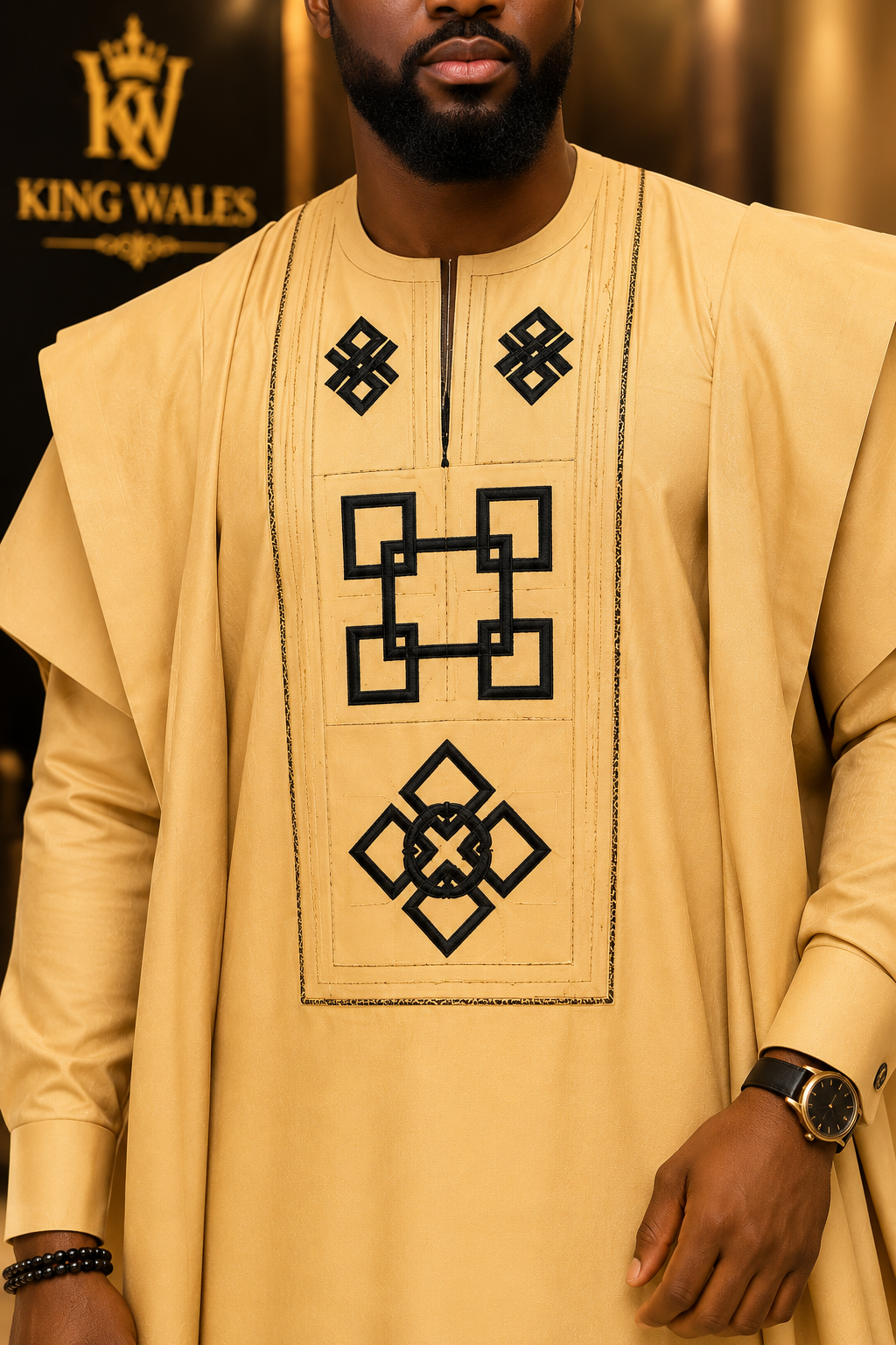 King Wales Luxury Gold Embroidered Agbada for Men – Premium Nigerian Traditional Wedding Outfit with Black Geometric Design