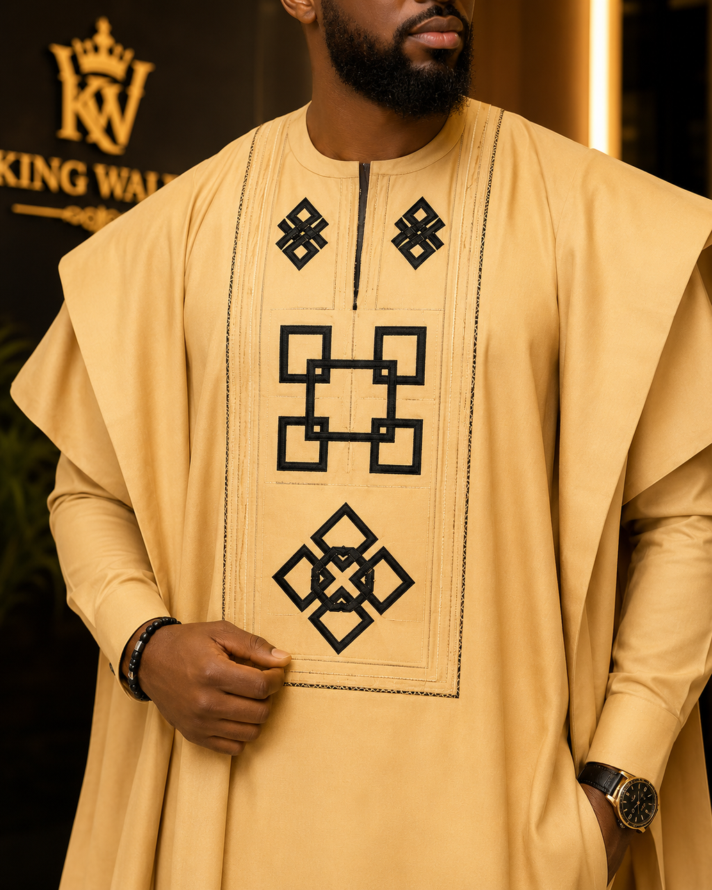 King Wales Luxury Gold Embroidered Agbada for Men – Premium Nigerian Traditional Wedding Outfit with Black Geometric Design