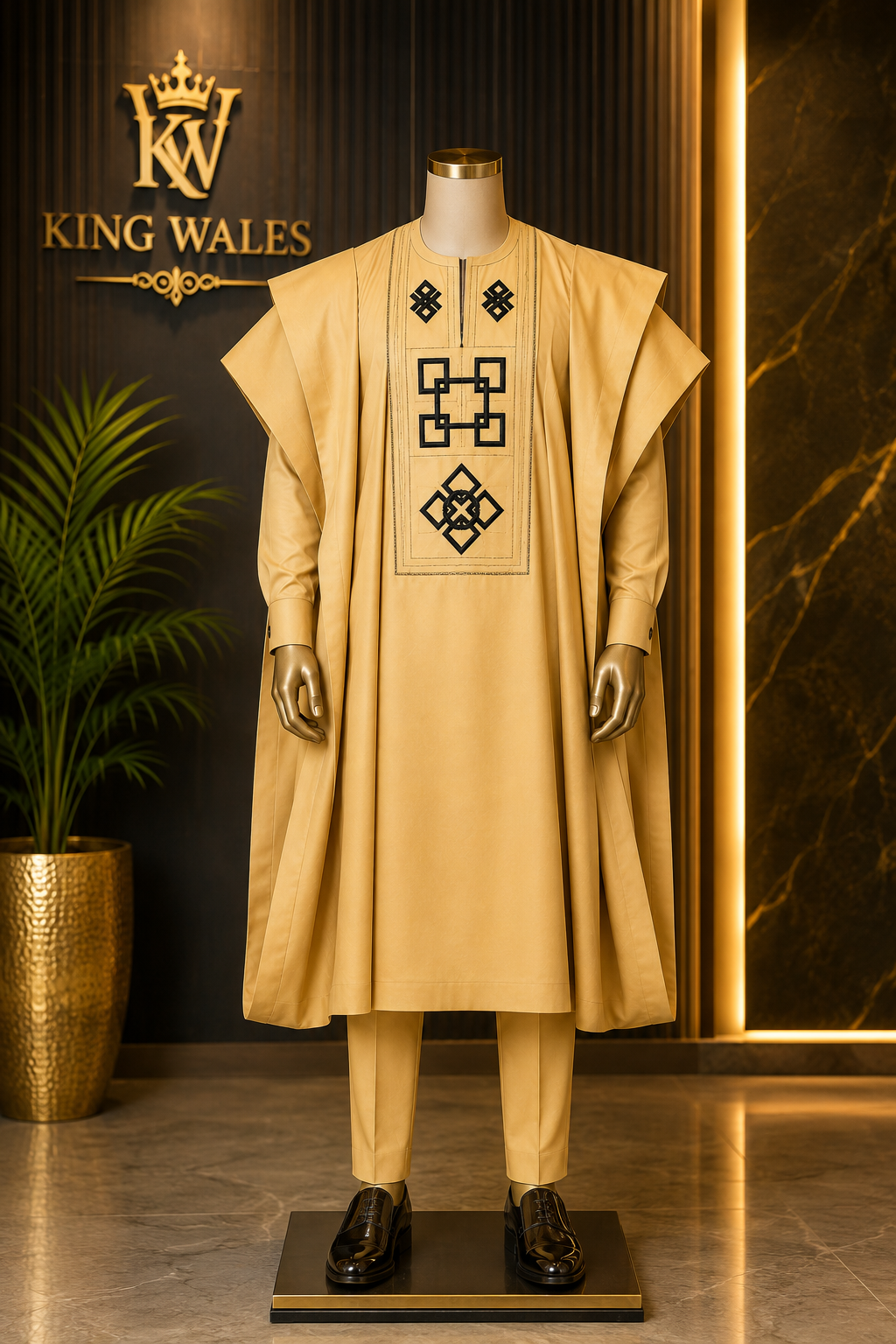 King Wales Luxury Gold Embroidered Agbada for Men – Premium Nigerian Traditional Wedding Outfit with Black Geometric Design