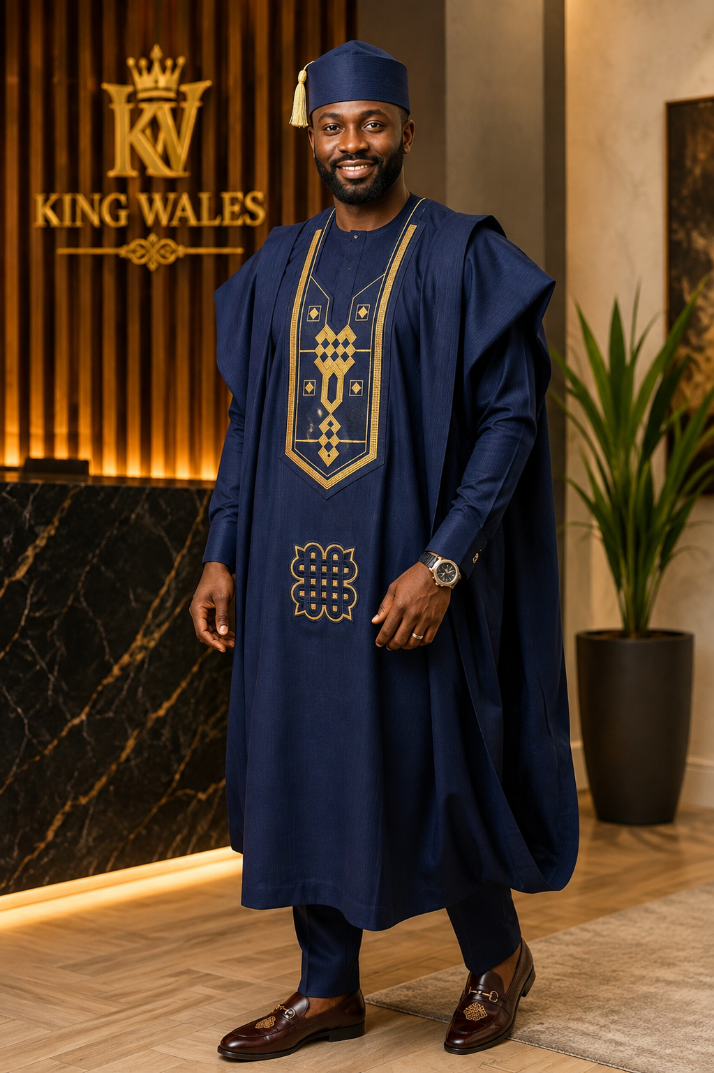 King Wales Luxury Navy Blue Embroidered Agbada for Men – Premium Nigerian Traditional Wedding Outfit with Gold Embroidery