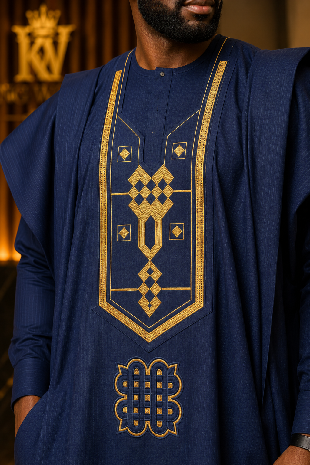 King Wales Luxury Navy Blue Embroidered Agbada for Men – Premium Nigerian Traditional Wedding Outfit with Gold Embroidery