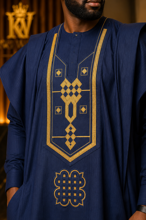 King Wales Luxury Navy Blue Embroidered Agbada for Men – Premium Nigerian Traditional Wedding Outfit with Gold Embroidery