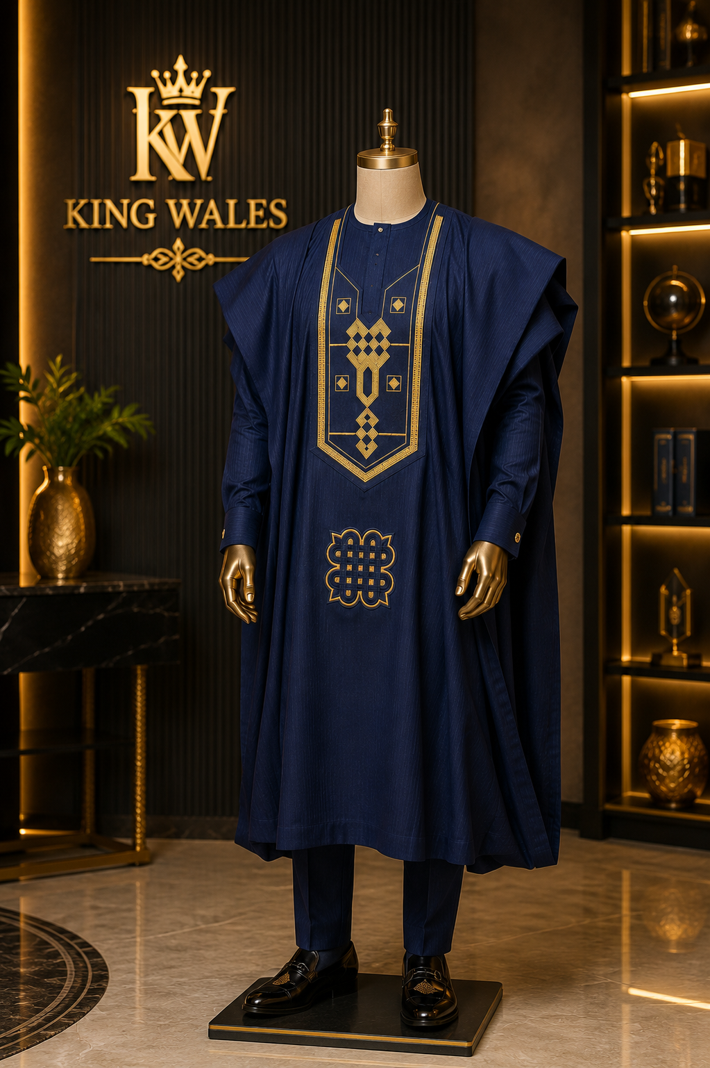 King Wales Luxury Navy Blue Embroidered Agbada for Men – Premium Nigerian Traditional Wedding Outfit with Gold Embroidery