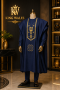 King Wales Luxury Navy Blue Embroidered Agbada for Men – Premium Nigerian Traditional Wedding Outfit with Gold Embroidery