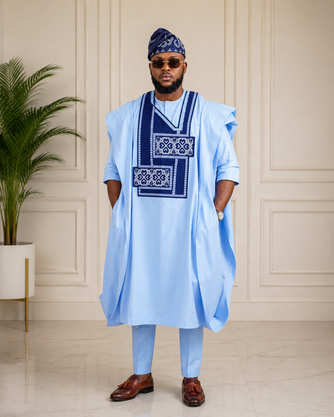 King Wales Luxury Sky Blue Embroidered Agbada for Men – Premium Nigerian Traditional Outfit with Royal Geometric Embroidery