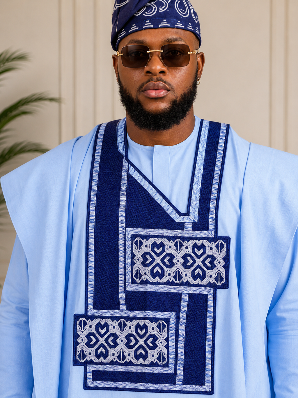 King Wales Luxury Sky Blue Embroidered Agbada for Men – Premium Nigerian Traditional Outfit with Royal Geometric Embroidery