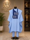 King Wales Luxury Sky Blue Embroidered Agbada for Men – Premium Nigerian Traditional Outfit with Royal Geometric Embroidery