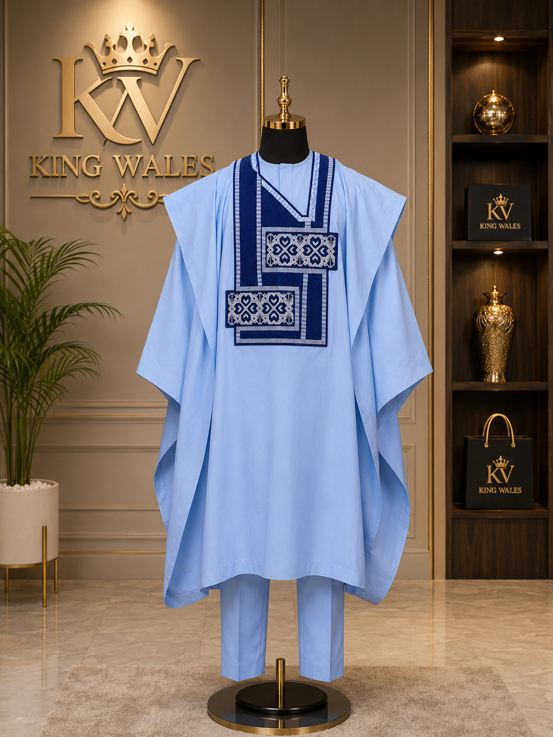 King Wales Luxury Sky Blue Embroidered Agbada for Men – Premium Nigerian Traditional Outfit with Royal Geometric Embroidery