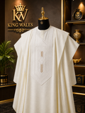 King Wales Luxury Cream Embroidered Agbada for Men – Premium Nigerian Traditional Wedding Outfit with Handcrafted Geometric Embroidery