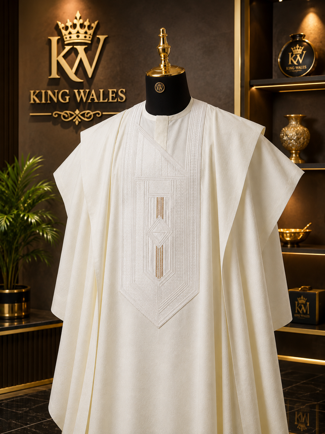 King Wales Luxury Cream Embroidered Agbada for Men – Premium Nigerian Traditional Wedding Outfit with Handcrafted Geometric Embroidery