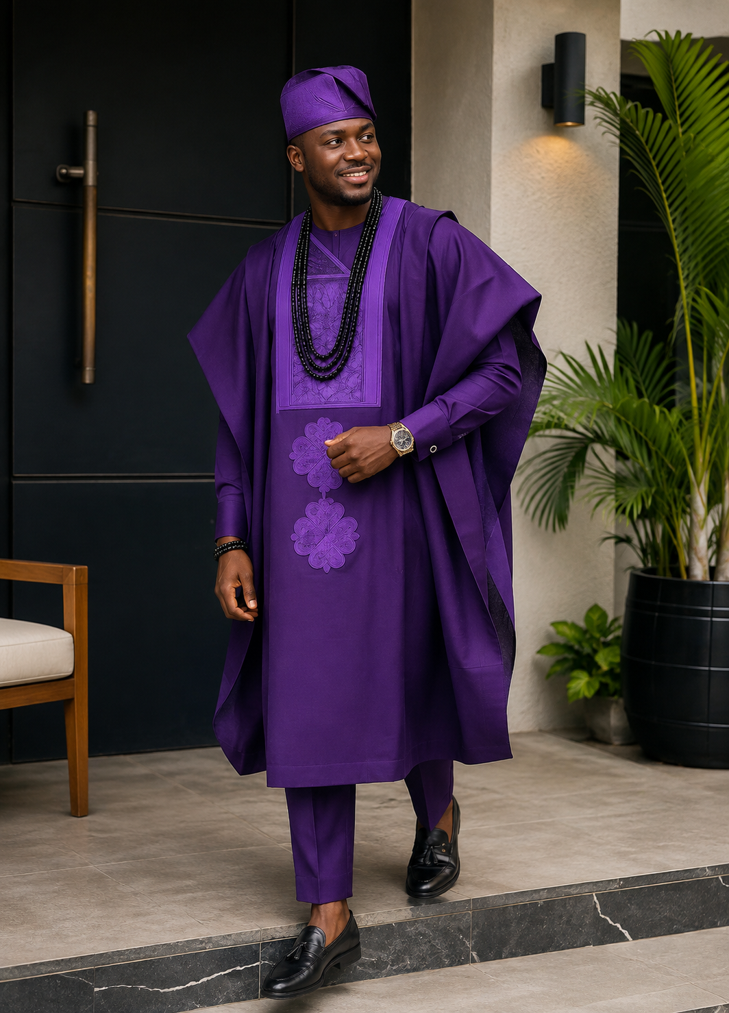 King Wales Royal Purple Luxury Embroidered Agbada for Men – Premium Nigerian Traditional Wedding Outfit