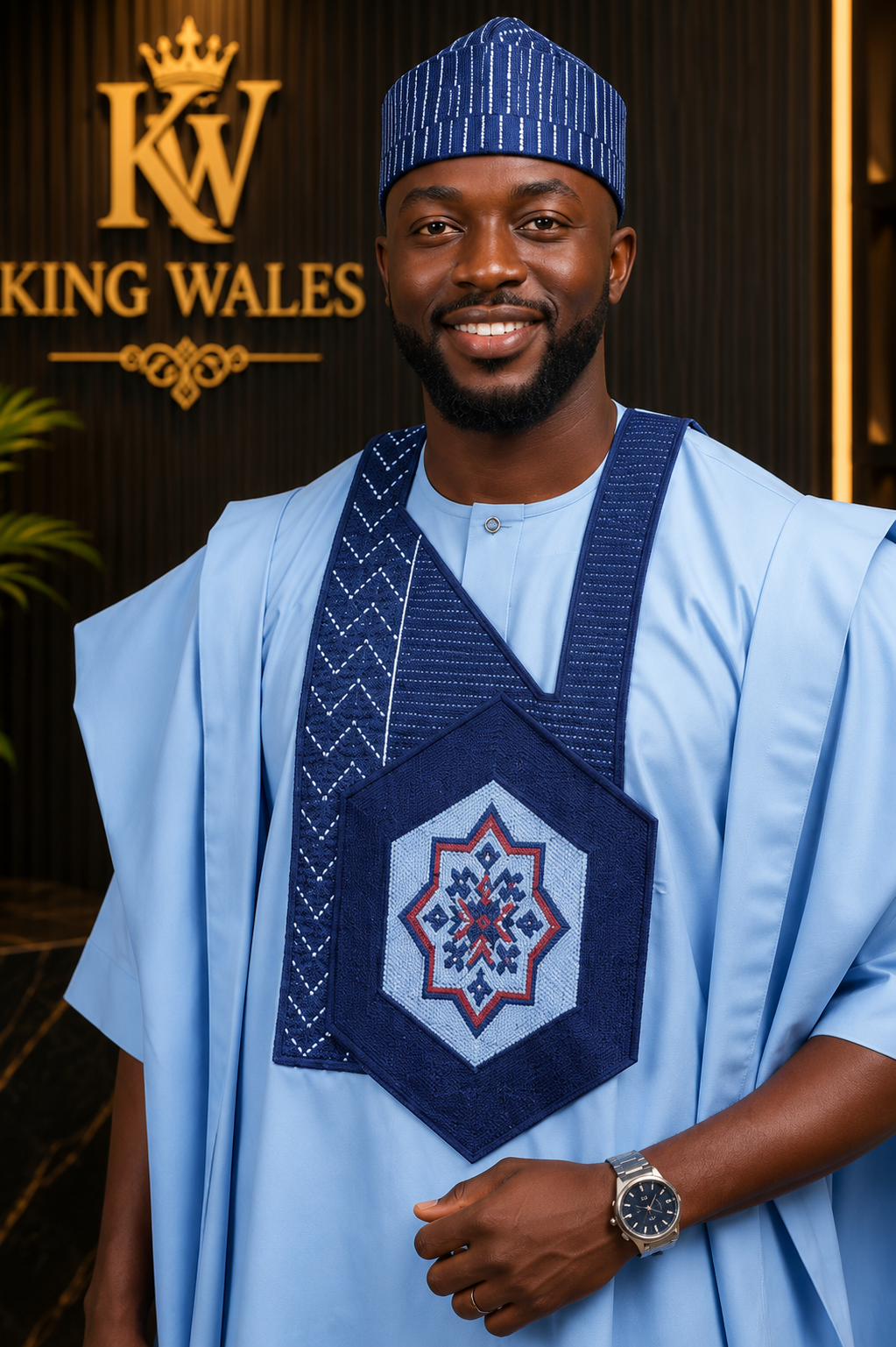 King Wales Sky Blue Luxury Embroidered Agbada for Men – Premium Nigerian Traditional Wedding Outfit with Geometric Chest Design