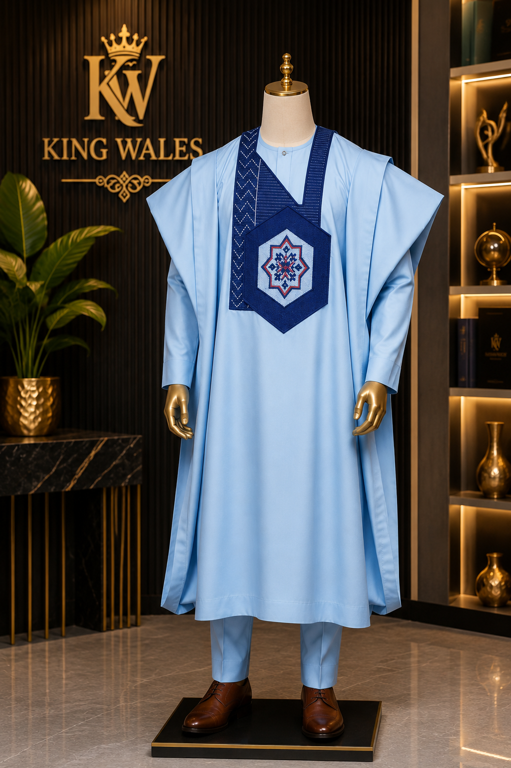 King Wales Sky Blue Luxury Embroidered Agbada for Men – Premium Nigerian Traditional Wedding Outfit with Geometric Chest Design