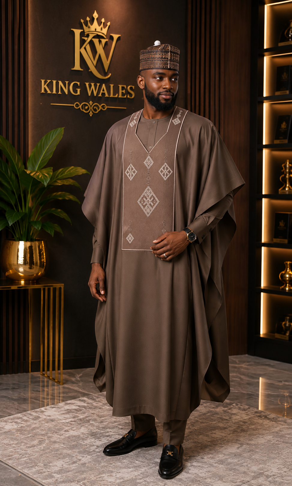 King Wales Chocolate Brown Luxury Embroidered Agbada for Men – Premium Nigerian Traditional Wedding Outfit with Geometric Embroidery