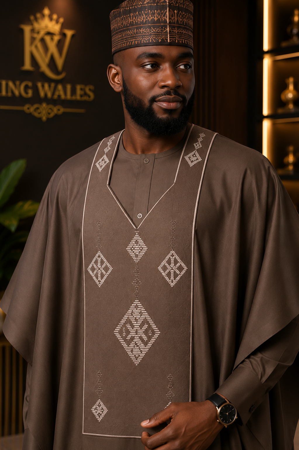 King Wales Chocolate Brown Luxury Embroidered Agbada for Men – Premium Nigerian Traditional Wedding Outfit with Geometric Embroidery