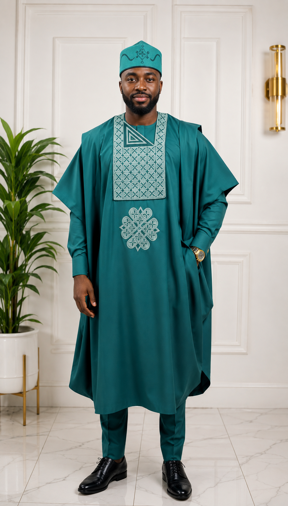 King Wales Luxury Emerald Green Embroidered Agbada for Men – Premium Nigerian Traditional Wedding Outfit with Handcrafted Geometric Embroidery