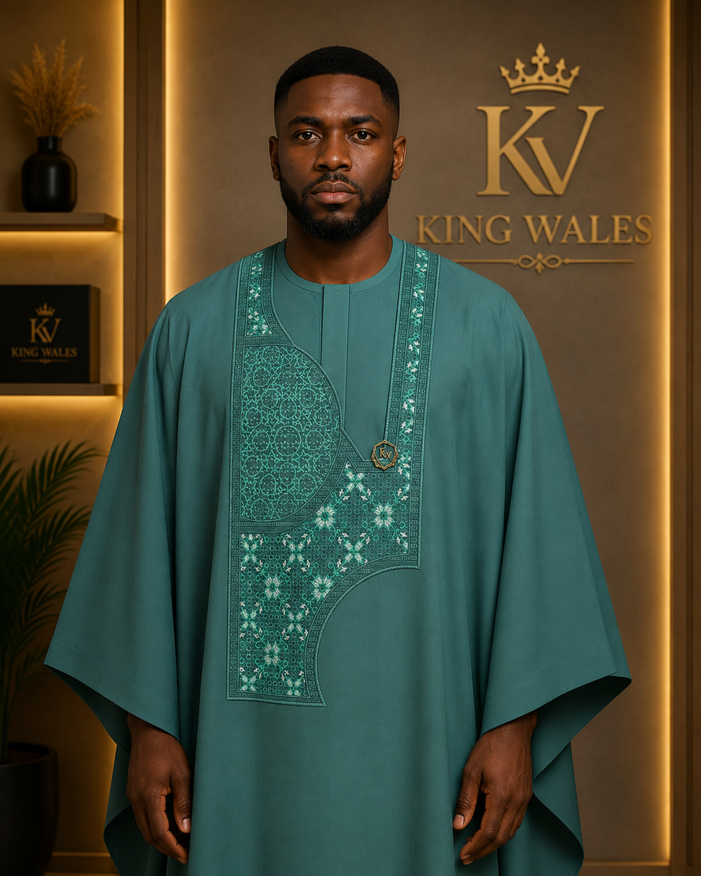 King Wales Luxury Emerald Green Embroidered Agbada for Men – Premium Nigerian Traditional Wedding Outfit with Handcrafted Geometric Embroidery