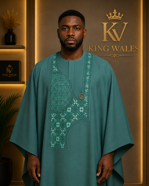 King Wales Luxury Emerald Green Embroidered Agbada for Men – Premium Nigerian Traditional Wedding Outfit with Handcrafted Geometric Embroidery