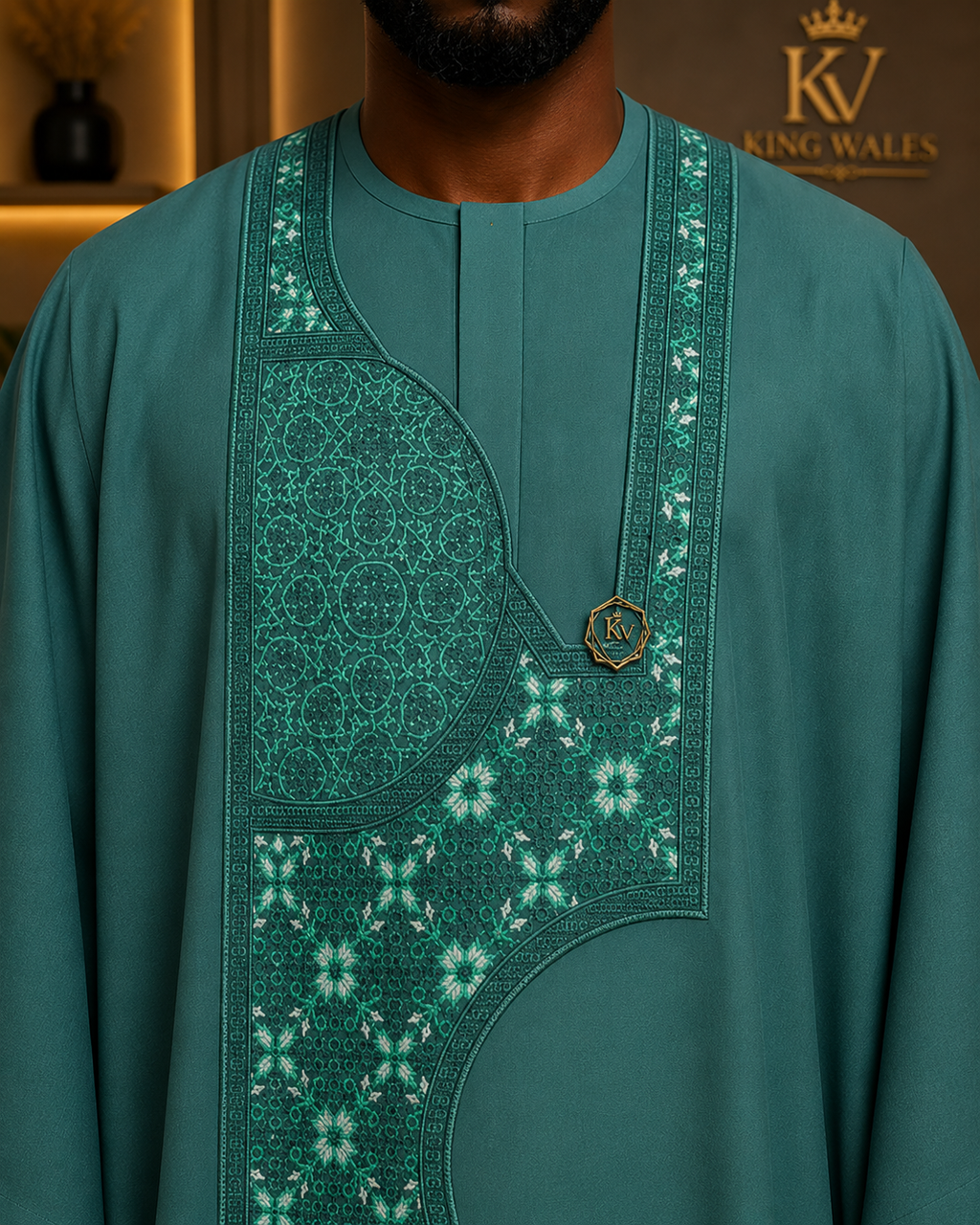 King Wales Luxury Emerald Green Embroidered Agbada for Men – Premium Nigerian Traditional Wedding Outfit with Handcrafted Geometric Embroidery