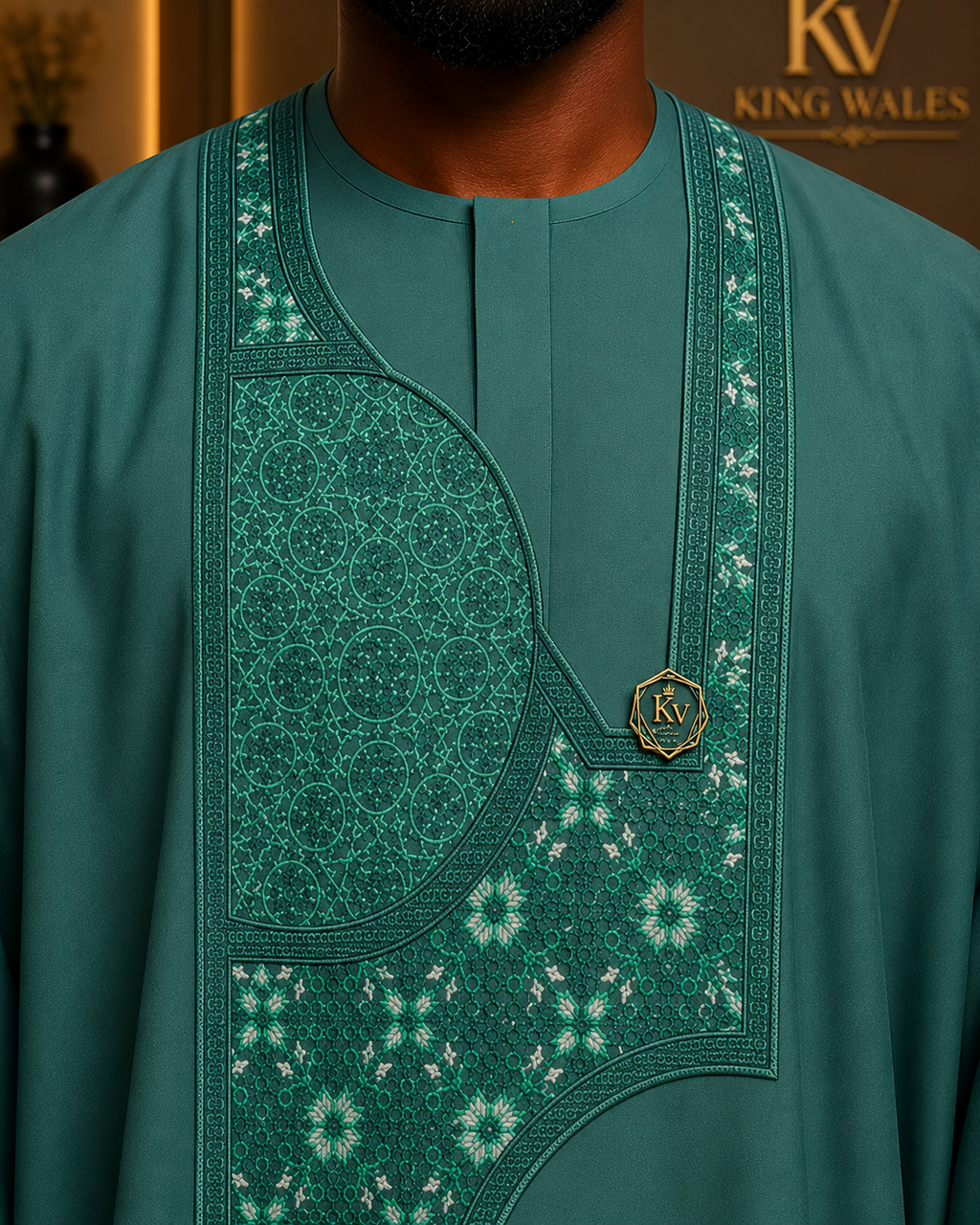 King Wales Luxury Emerald Green Embroidered Agbada for Men – Premium Nigerian Traditional Wedding Outfit with Handcrafted Geometric Embroidery