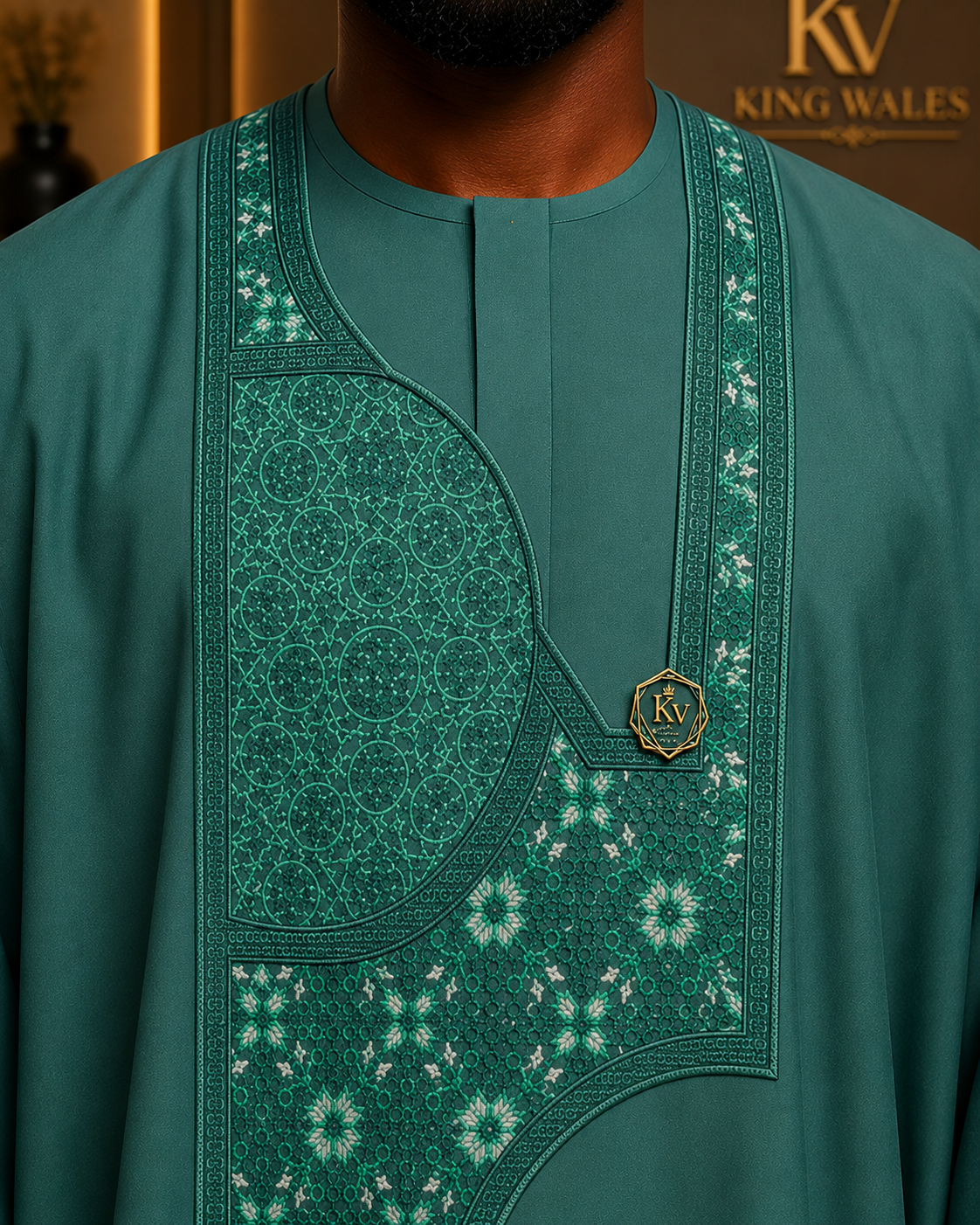 King Wales Luxury Emerald Green Embroidered Agbada for Men – Premium Nigerian Traditional Wedding Outfit with Handcrafted Geometric Embroidery