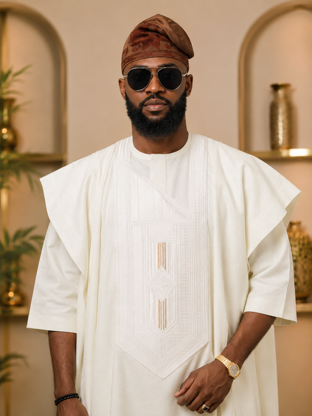 King Wales Luxury Cream Embroidered Agbada for Men – Premium Nigerian Traditional Wedding Outfit with Handcrafted Geometric Embroidery